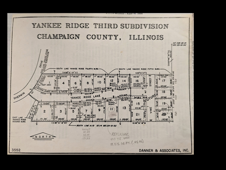 Yankee Ridge III site plan, ca. 1990. Offset lithograph with pencil annotations. Courtesy of the University of Illinois Archives, record series 12/2/40, box 6, folder 5.