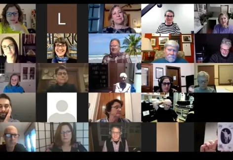 Grid of faces of Zoom participants for the virtual opening celebration for Bea Nettles Harvest of Memory. 25 faces are pictured in a grid format.