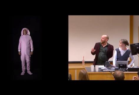 On the left hand side is a man in a bunny costume. On the right are Gareth Kennedy and Sarah Browne.