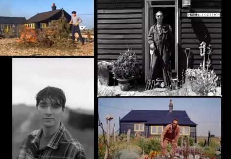 The frame holds 4 images. One is a man smiling, another one is trimming a bush, there's a man standing with a pitchfork, and the other is standing in front of a house.