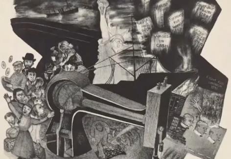 Image of a black and white print that shows a large sewing machine with protesters at the left side, workers underneath being crushed, and capitalists on the right profiting on the exploitation of the workers. The print is by Ida Abelman. 