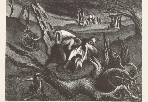 Black and white print that depicts a huddled family carrying their belongings through a desolate, dark landscape. They are robed/veiled and are so close that it's hard to distinguish individual people.